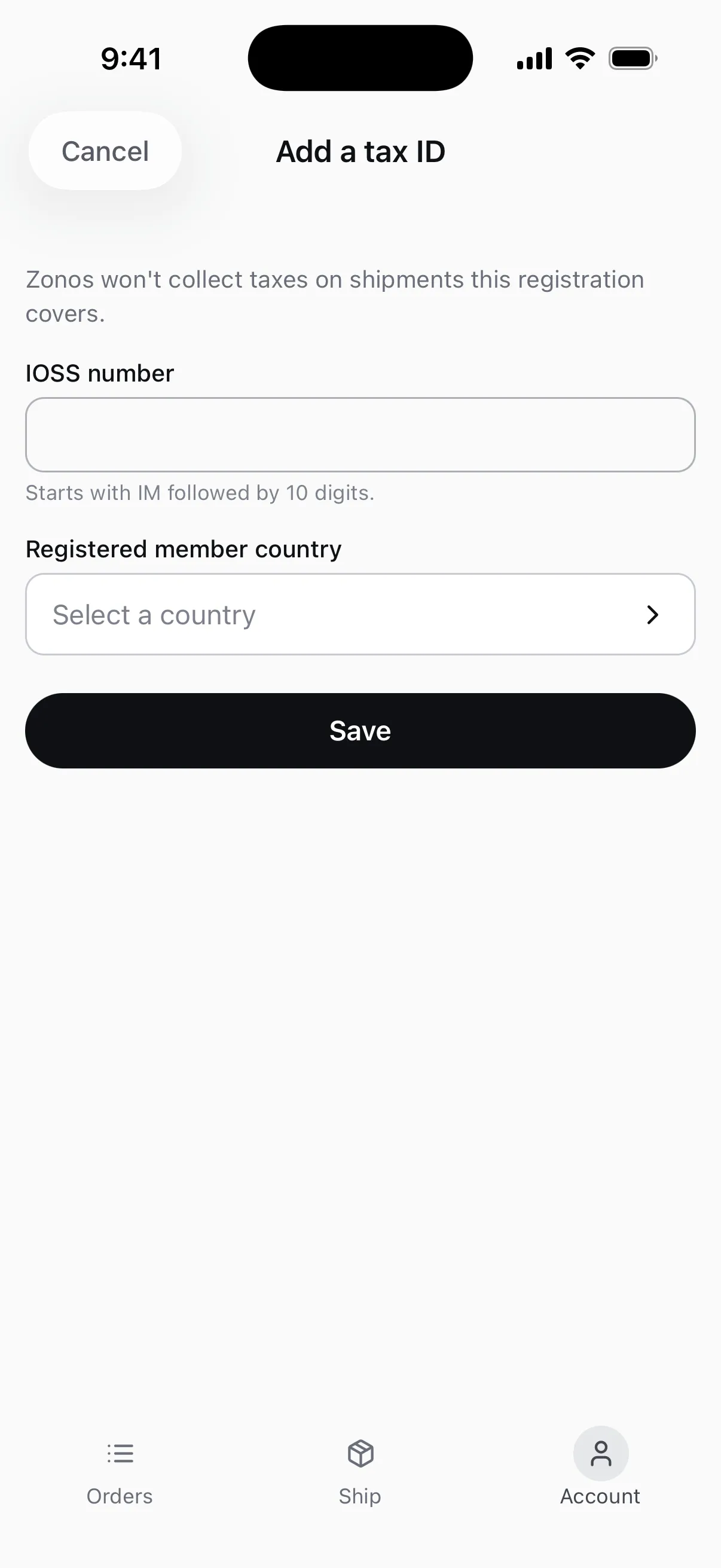 The Add a tax ID screen, with an IOSS number field, a Registered member country dropdown, and a Save button