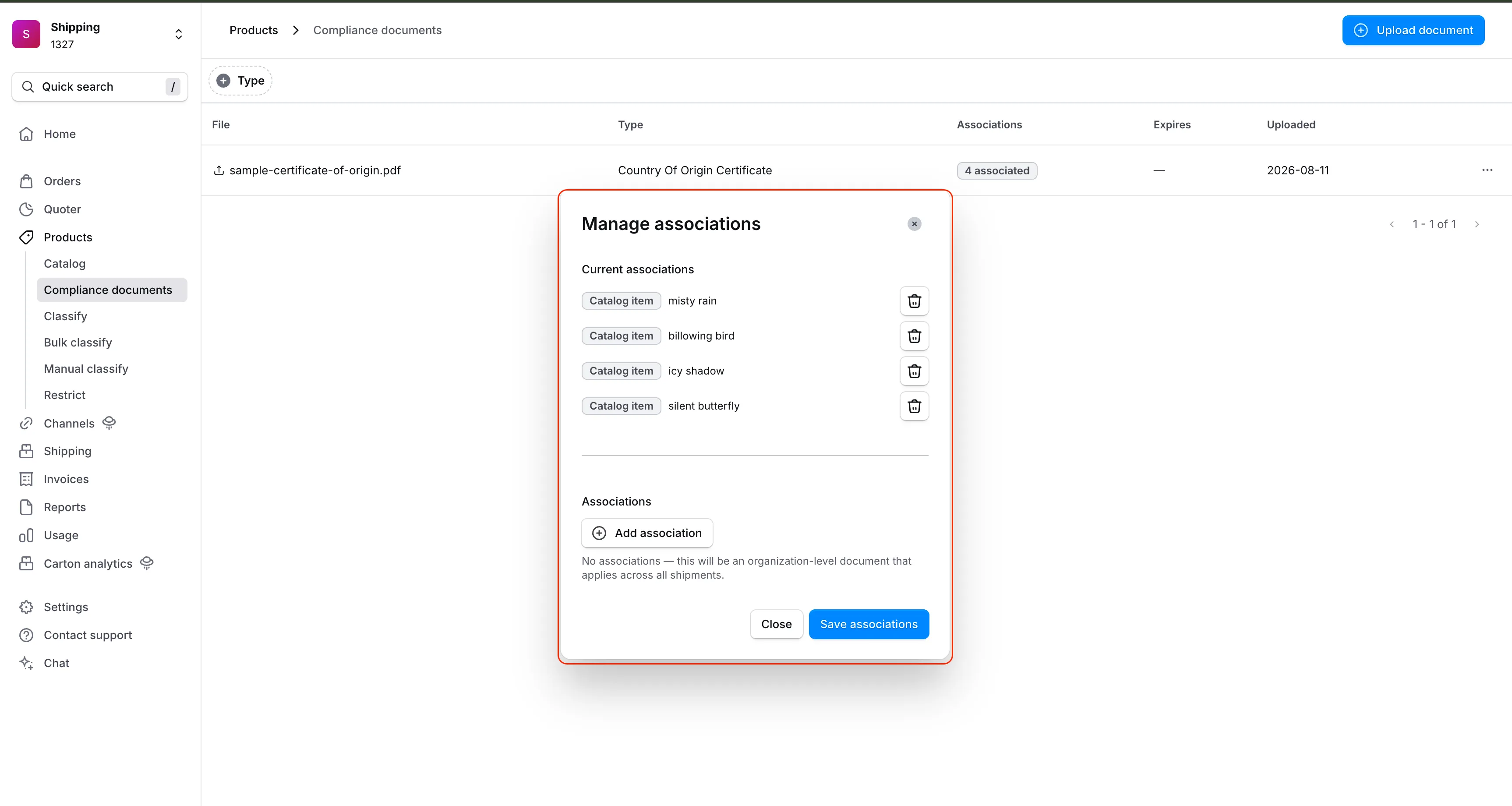 Manage associations dialog listing a document's current catalog-item associations with the option to add or remove them