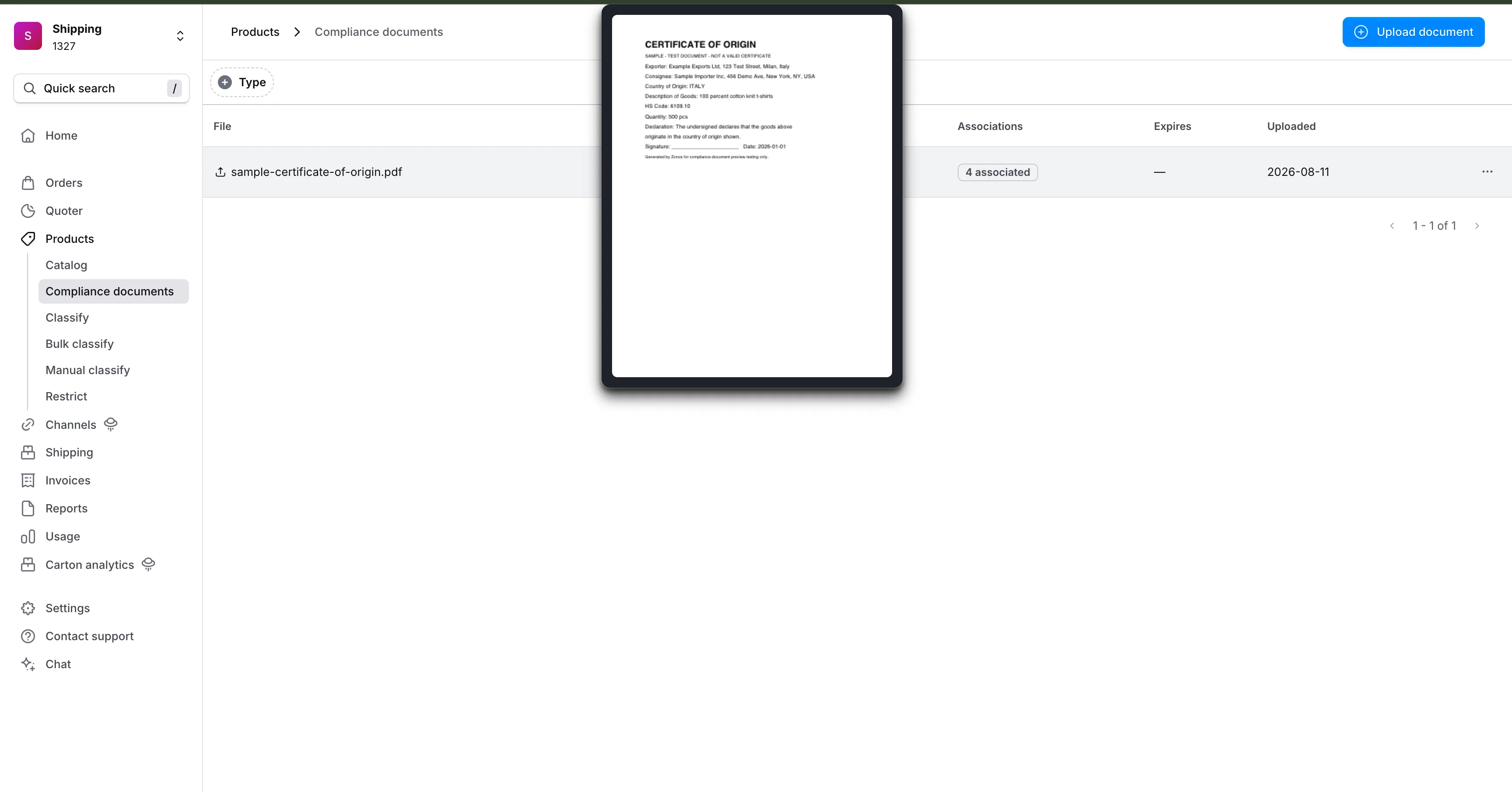 Inline preview of an uploaded certificate of origin PDF