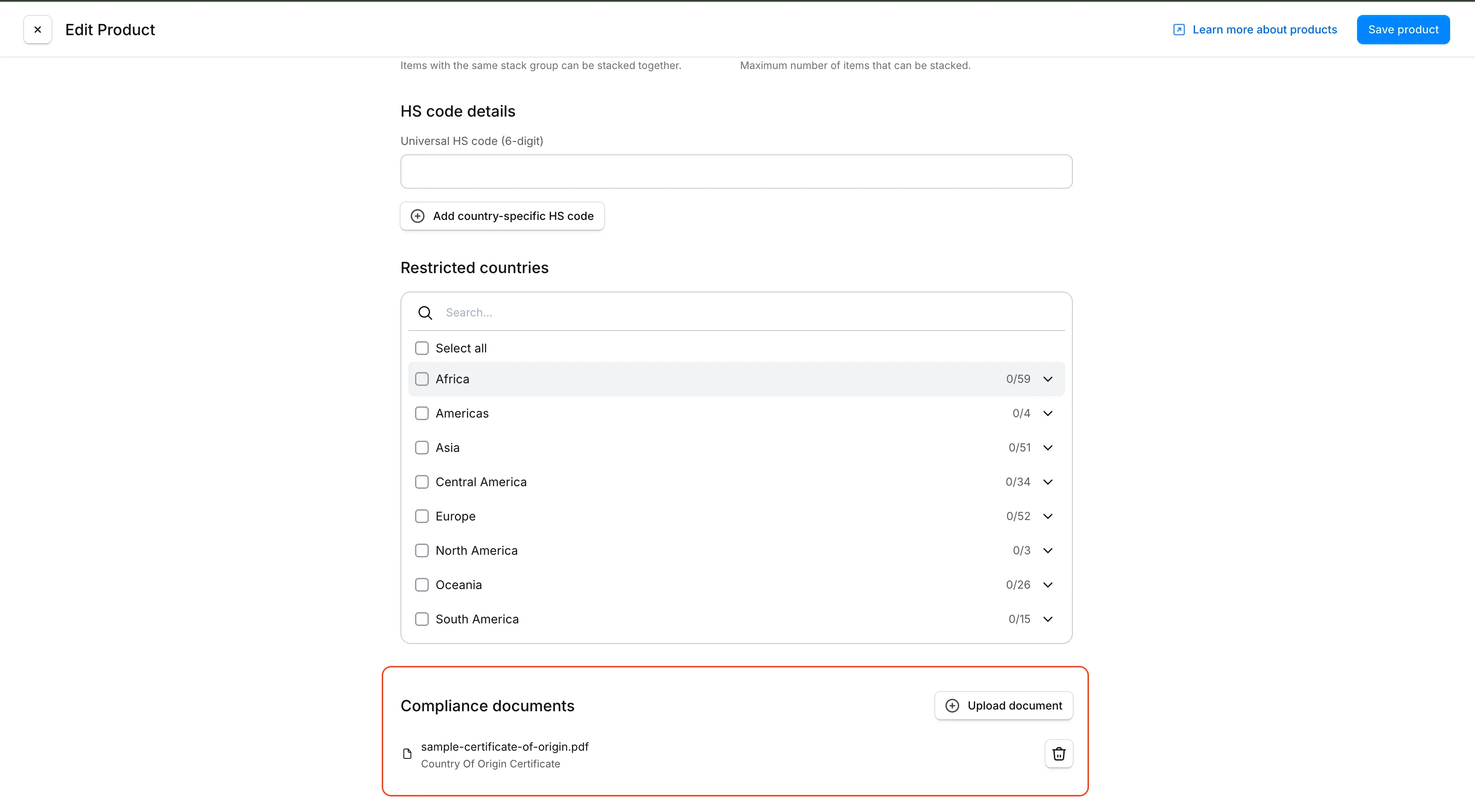 Compliance documents section on the product edit page with an uploaded document listed