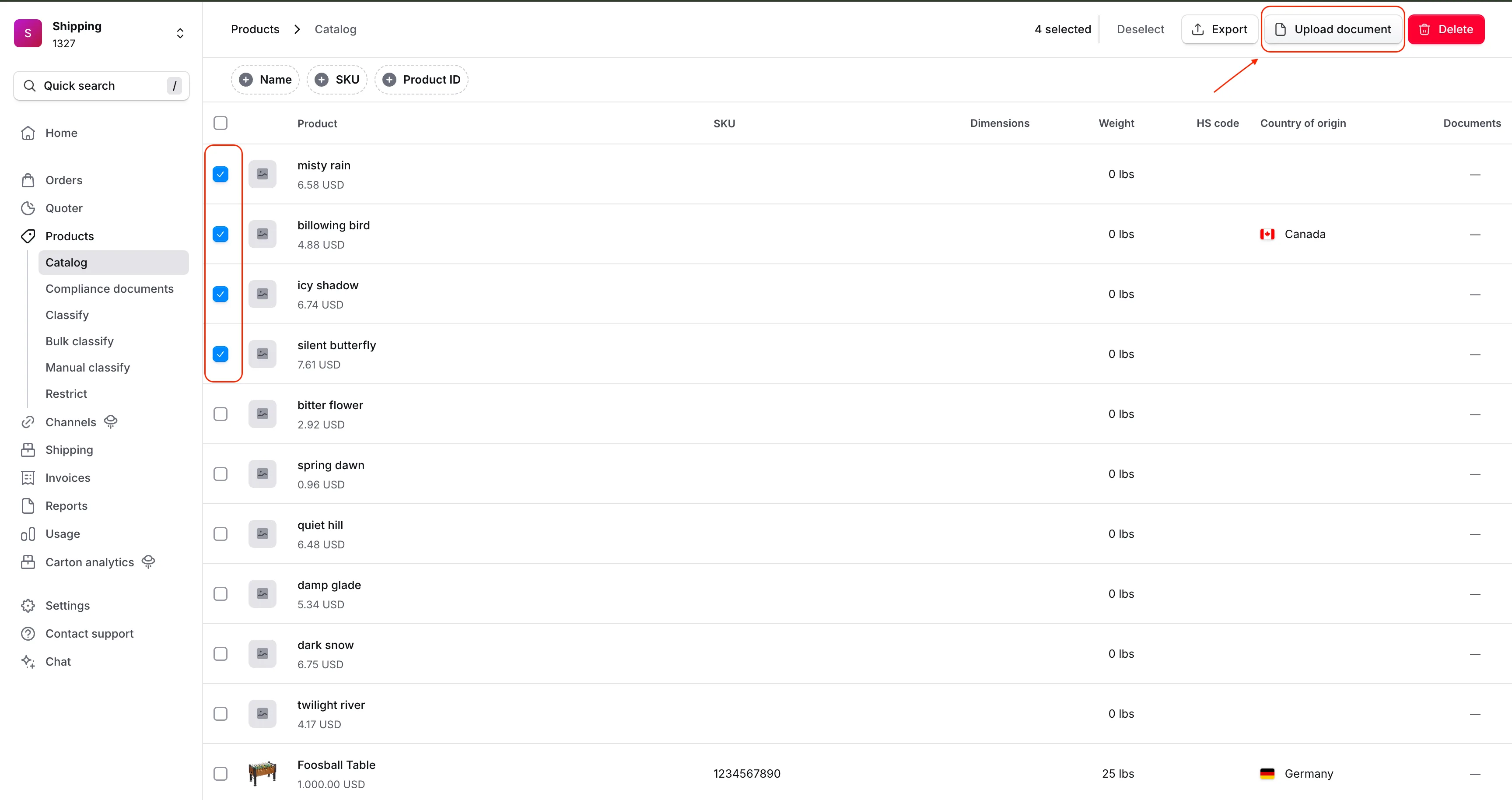Products selected in the catalog with the Upload document button in the toolbar