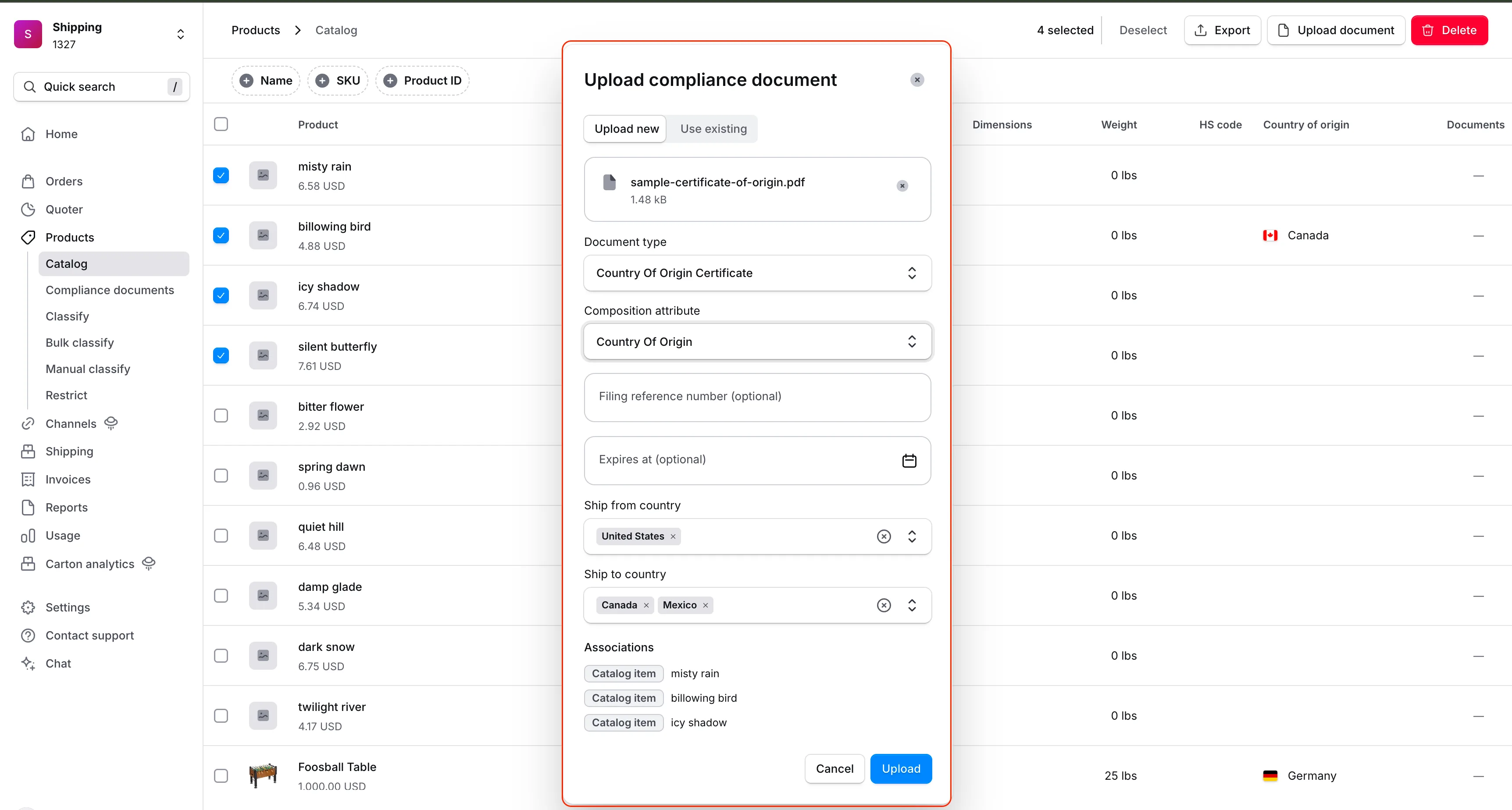 Upload compliance document dialog showing document type, composition attribute, expiration, ship-from and ship-to countries, and the selected product associations