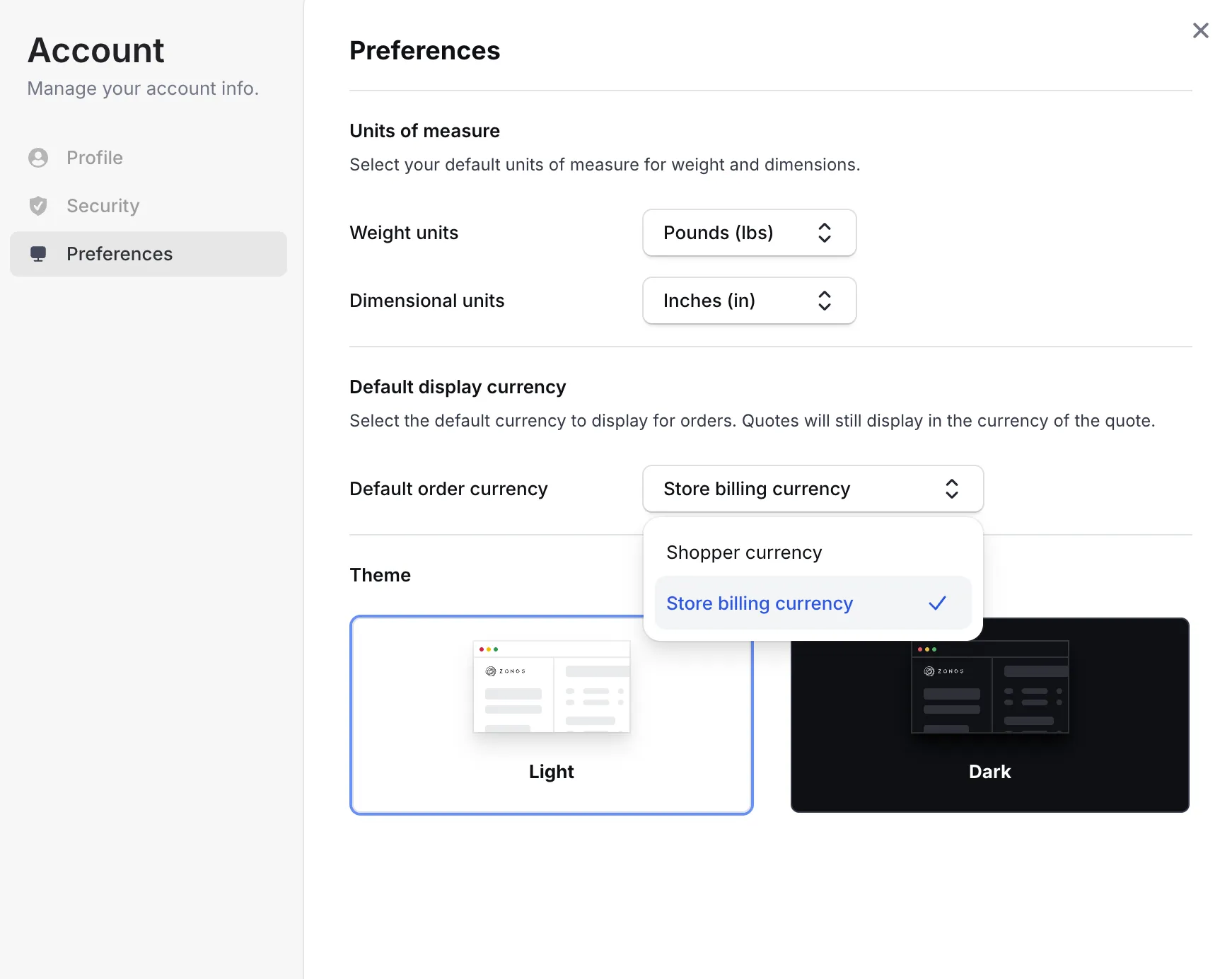 Account preferences to set default currency for order pages