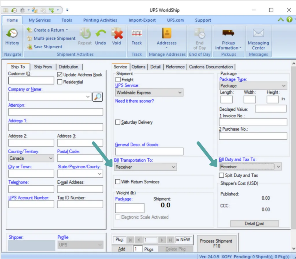 Choosing the billing option Freight Collect in
WorldShip.
