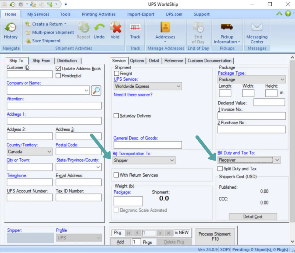 Choosing the billing option Prepaid in WorldShip.