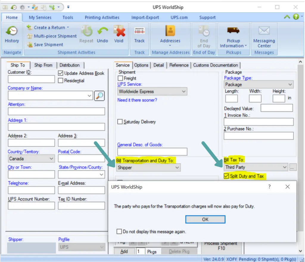 Choosing the billing option Split Duty and VAT in
WorldShip.